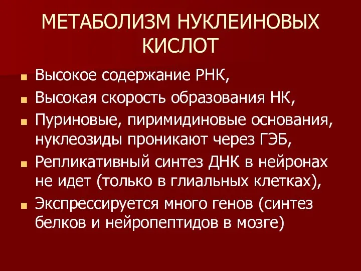 МЕТАБОЛИЗМ НУКЛЕИНОВЫХ КИСЛОТ Высокое содержание РНК, Высокая скорость образования НК, Пуриновые,