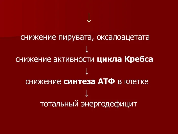 ↓ снижение пирувата, оксалоацетата ↓ снижение активности цикла Кребса ↓ снижение