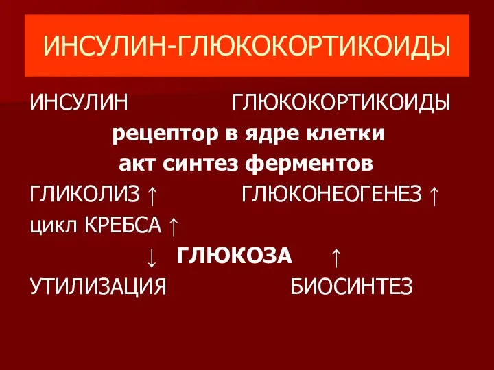 ИНСУЛИН-ГЛЮКОКОРТИКОИДЫ ИНСУЛИН ГЛЮКОКОРТИКОИДЫ рецептор в ядре клетки акт синтез ферментов ГЛИКОЛИЗ