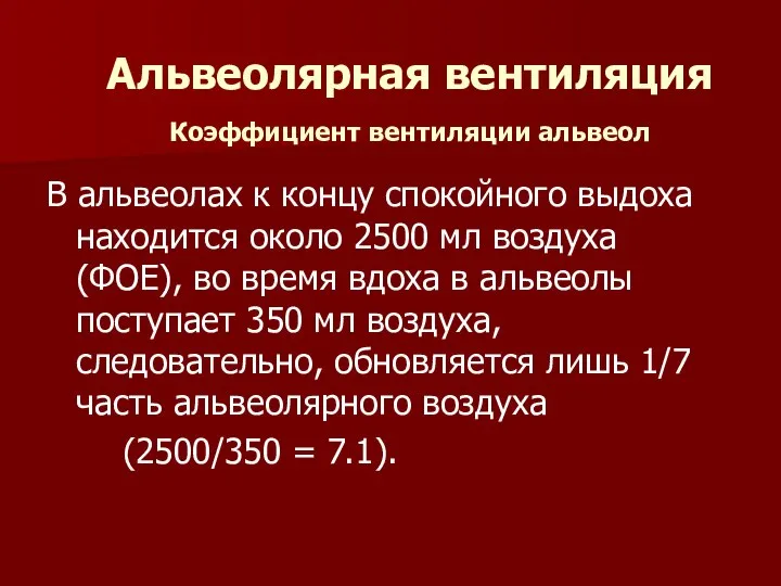 Альвеолярная вентиляция Коэффициент вентиляции альвеол В альвеолах к концу спокойного выдоха