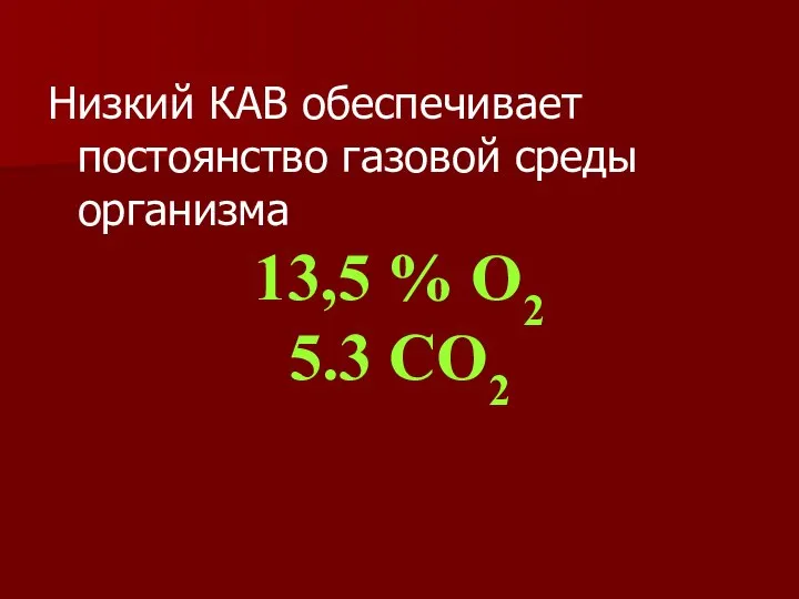 Низкий КАВ обеспечивает постоянство газовой среды организма 13,5 % О2 5.3 СО2