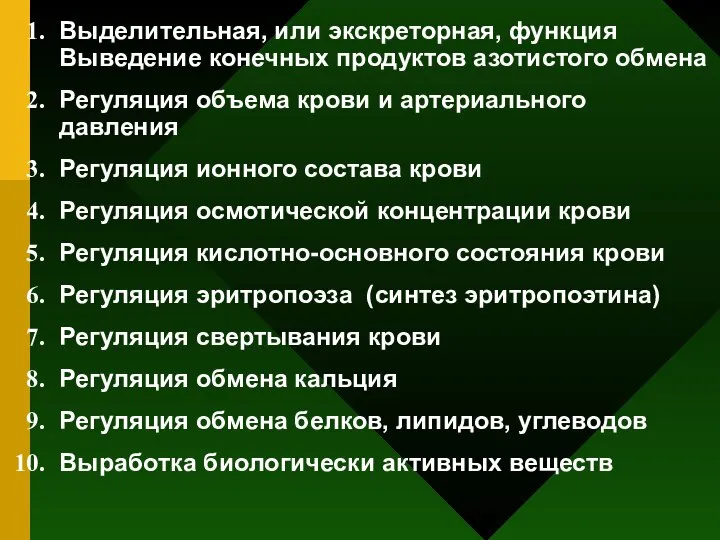 Выделительная, или экскреторная, функция Выведение конечных продуктов азотистого обмена Регуляция объема