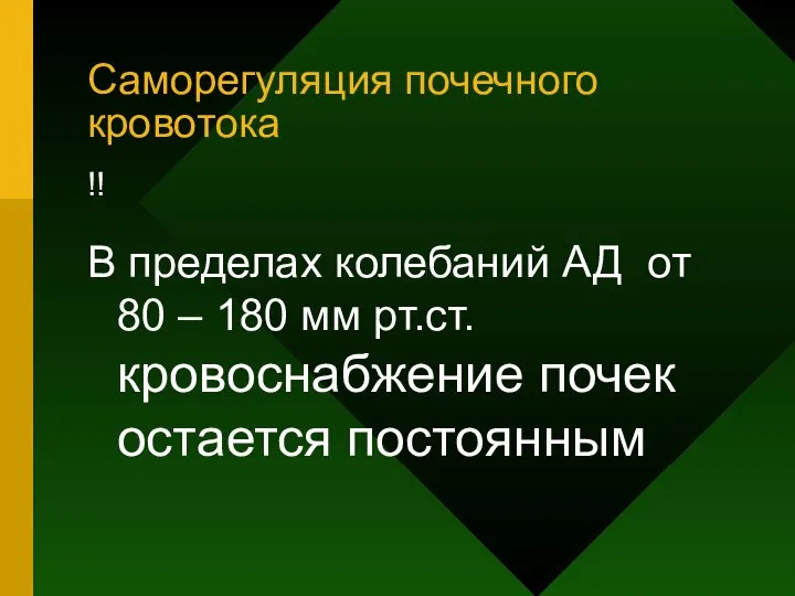 Саморегуляция почечного кровотока !! В пределах колебаний АД от 80 –