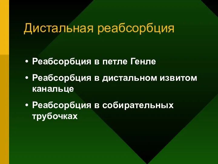 Дистальная реабсорбция Реабсорбция в петле Генле Реабсорбция в дистальном извитом канальце Реабсорбция в собирательных трубочках