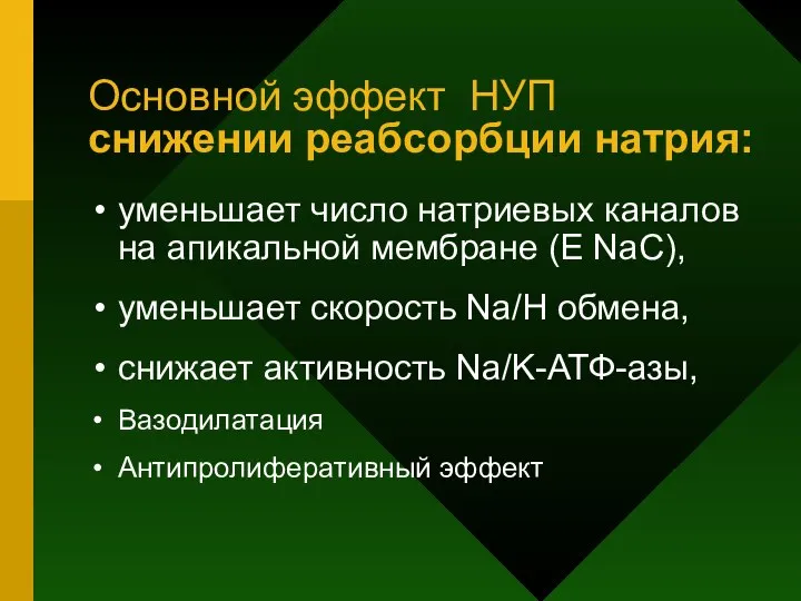 Основной эффект НУП снижении реабсорбции натрия: уменьшает число натриевых каналов на