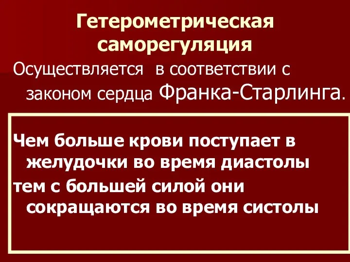 Гетерометрическая саморегуляция Осуществляется в соответствии с законом сердца Франка-Старлинга. Чем больше