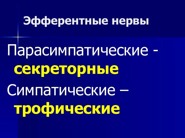 Эфферентные нервы Парасимпатические - секреторные Симпатические – трофические