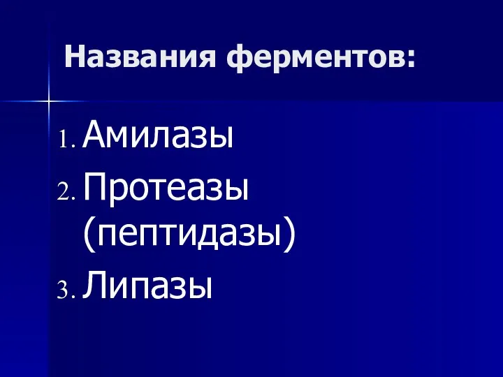 Названия ферментов: Амилазы Протеазы (пептидазы) Липазы