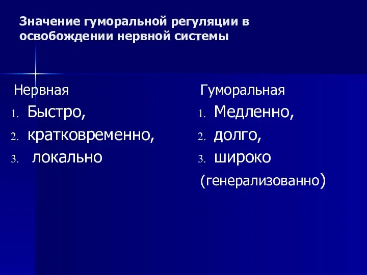 Значение гуморальной регуляции в освобождении нервной системы Нервная Быстро, кратковременно, локально Гуморальная Медленно, долго, широко (генерализованно)