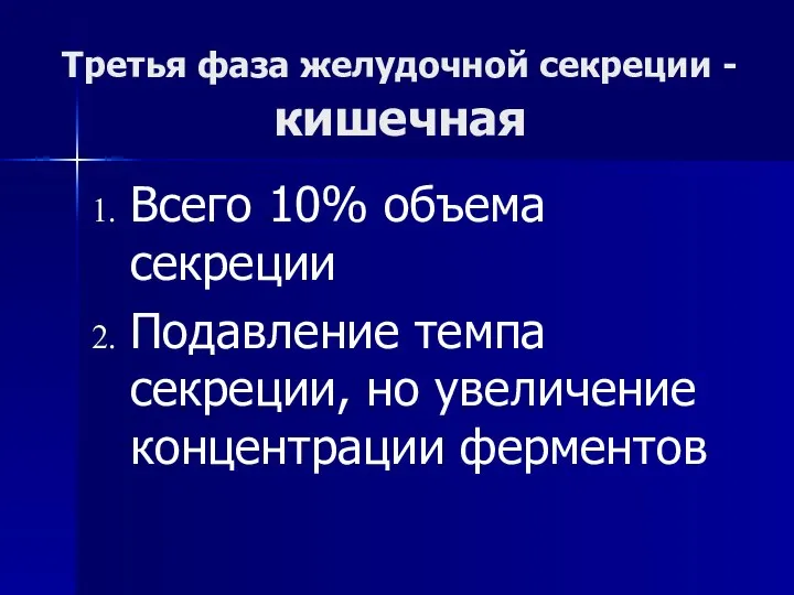 Третья фаза желудочной секреции - кишечная Всего 10% объема секреции Подавление