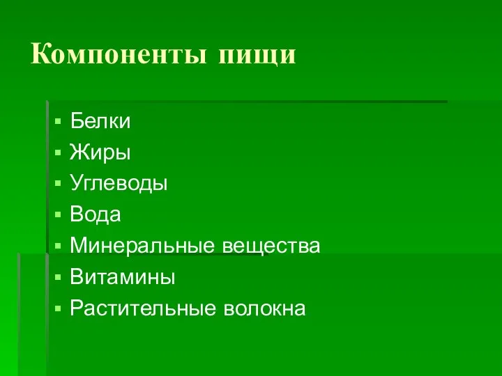 Компоненты пищи Белки Жиры Углеводы Вода Минеральные вещества Витамины Растительные волокна