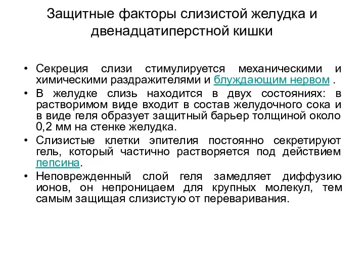 Защитные факторы слизистой желудка и двенадцатиперстной кишки Секреция слизи стимулируется механическими