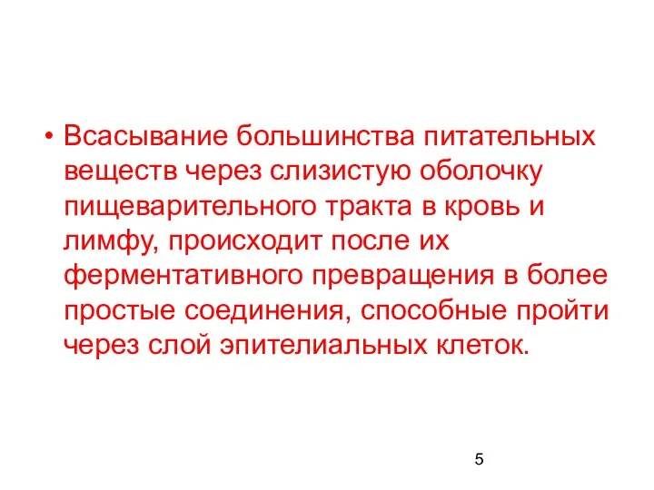 Всасывание большинства питательных веществ через слизистую оболочку пищеварительного тракта в кровь