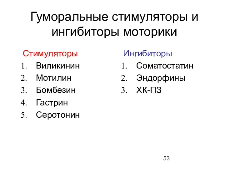 Гуморальные стимуляторы и ингибиторы моторики Стимуляторы Виликинин Мотилин Бомбезин Гастрин Серотонин Ингибиторы Соматостатин Эндорфины ХК-ПЗ