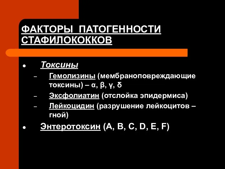 ФАКТОРЫ ПАТОГЕННОСТИ СТАФИЛОКОККОВ Токсины Гемолизины (мембраноповреждающие токсины) – α, β, γ,