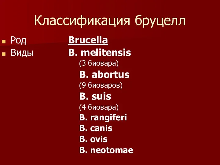 Классификация бруцелл Род Brucella Виды B. melitensis (3 биовара) B. abortus