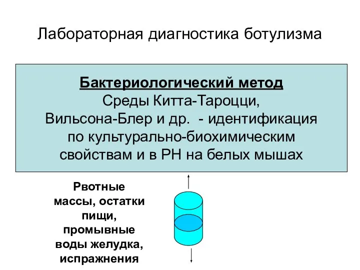 Лабораторная диагностика ботулизма Бактериологический метод Среды Китта-Тароцци, Вильсона-Блер и др. -