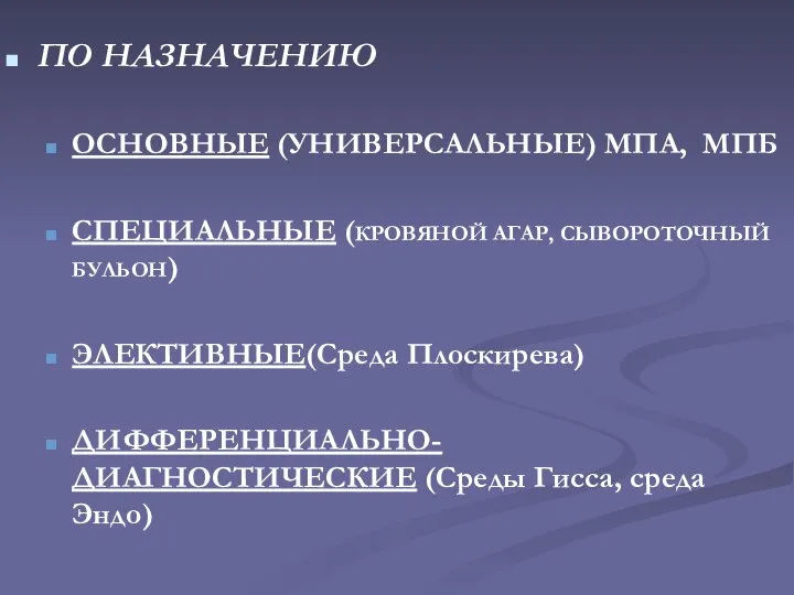 ПО НАЗНАЧЕНИЮ ОСНОВНЫЕ (УНИВЕРСАЛЬНЫЕ) МПА, МПБ СПЕЦИАЛЬНЫЕ (КРОВЯНОЙ АГАР, СЫВОРОТОЧНЫЙ БУЛЬОН)