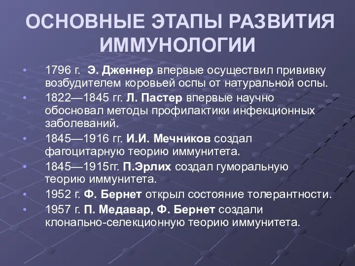 ОСНОВНЫЕ ЭТАПЫ РАЗВИТИЯ ИММУНОЛОГИИ 1796 г. Э. Дженнер впервые осуществил прививку