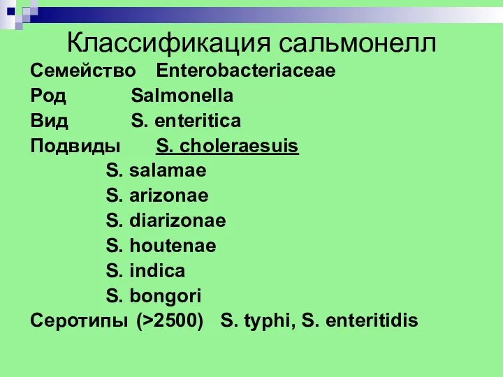 Классификация сальмонелл Семейство Enterobacteriaceae Род Salmonella Вид S. enteritica Подвиды S.