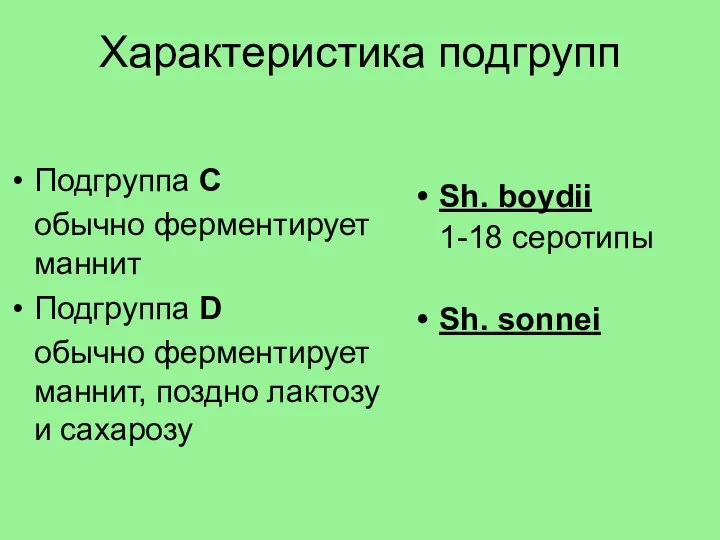 Характеристика подгрупп Подгруппа С обычно ферментирует маннит Подгруппа D обычно ферментирует