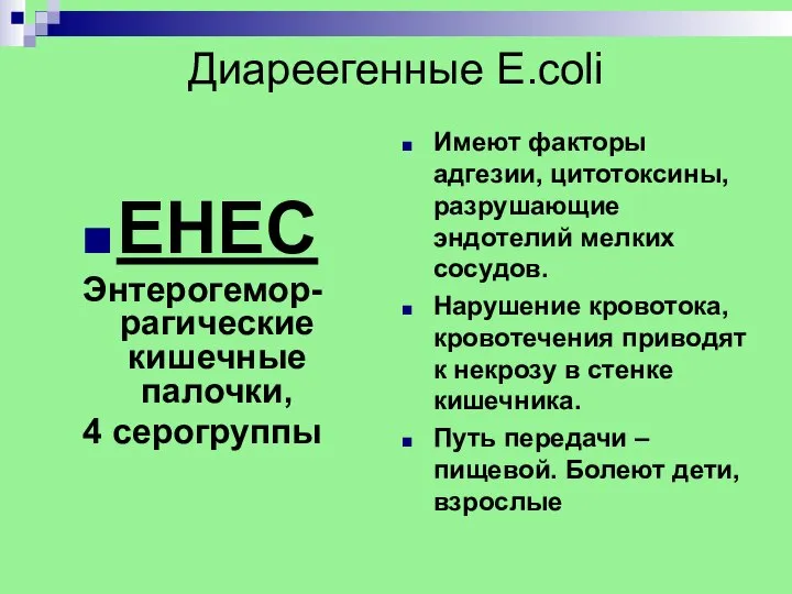 Диареегенные E.coli EHEC Энтерогемор-рагические кишечные палочки, 4 серогруппы Имеют факторы адгезии,