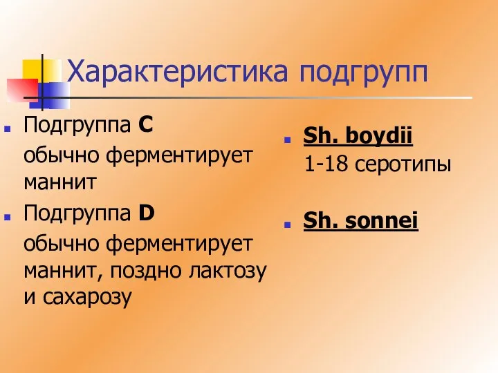 Характеристика подгрупп Подгруппа С обычно ферментирует маннит Подгруппа D обычно ферментирует