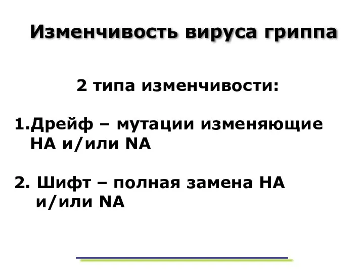 2 типа изменчивости: 1.Дрейф – мутации изменяющие НА и/или NA 2.