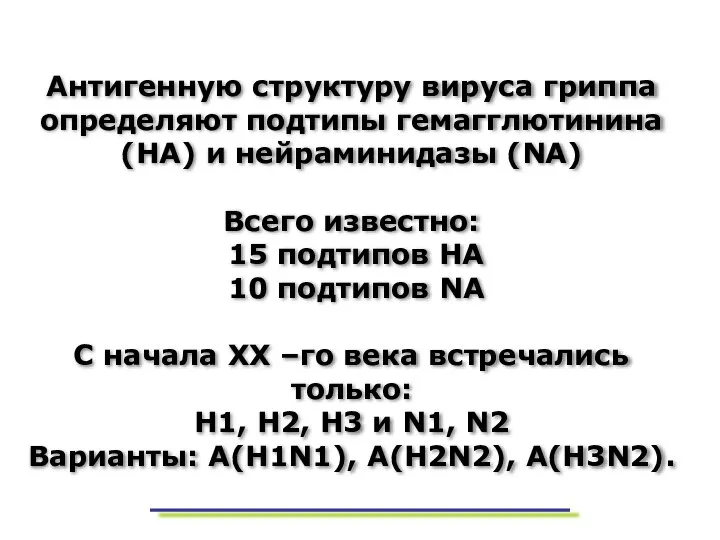 Антигенную структуру вируса гриппа определяют подтипы гемагглютинина (НА) и нейраминидазы (NA)