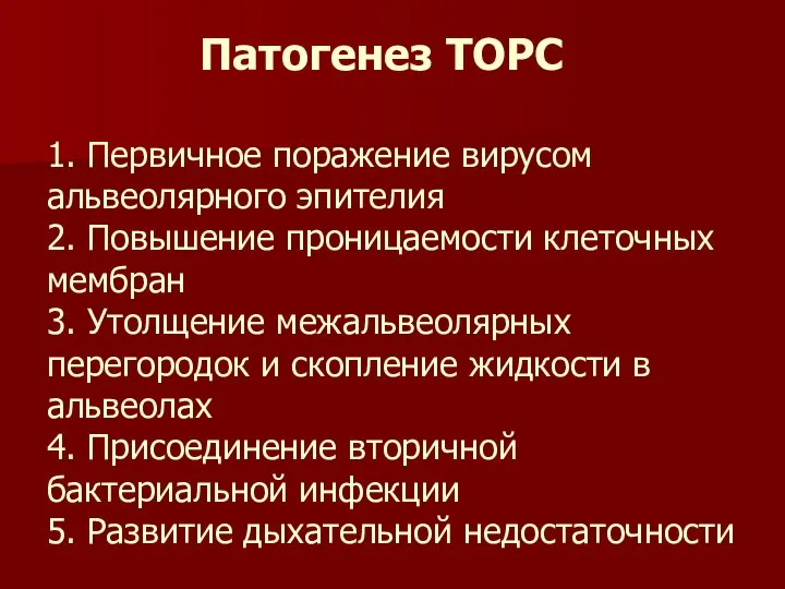 Патогенез ТОРС 1. Первичное поражение вирусом альвеолярного эпителия 2. Повышение проницаемости