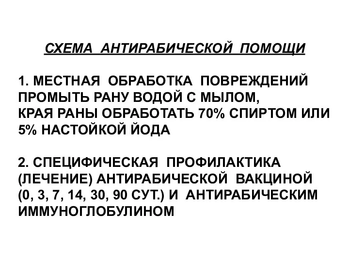 СХЕМА АНТИРАБИЧЕСКОЙ ПОМОЩИ 1. МЕСТНАЯ ОБРАБОТКА ПОВРЕЖДЕНИЙ ПРОМЫТЬ РАНУ ВОДОЙ С