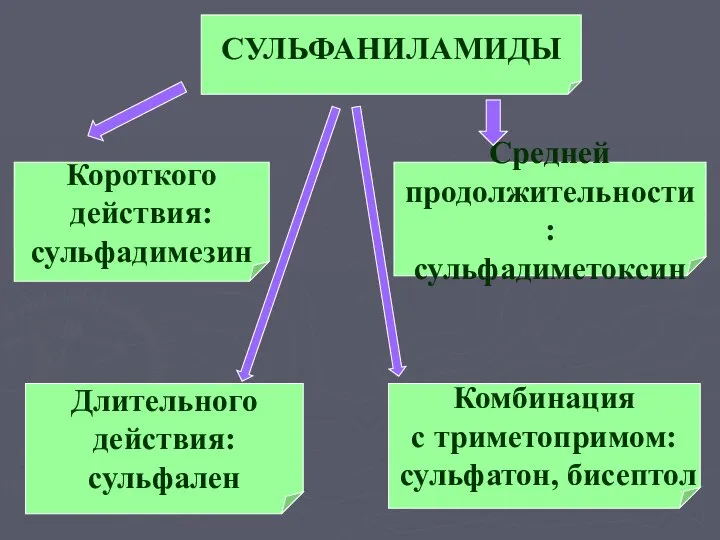 СУЛЬФАНИЛАМИДЫ Длительного действия: сульфален Средней продолжительности: сульфадиметоксин Короткого действия: сульфадимезин Комбинация с триметопримом: сульфатон, бисептол