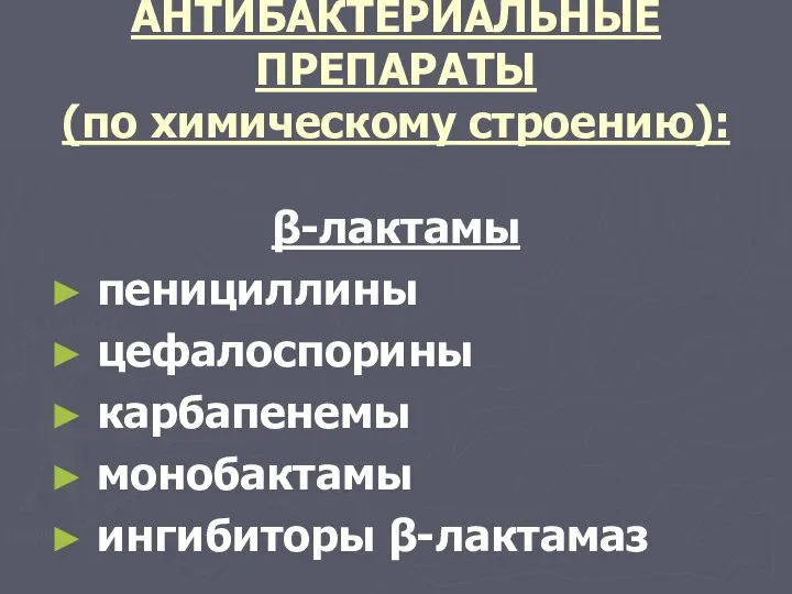 АНТИБАКТЕРИАЛЬНЫЕ ПРЕПАРАТЫ (по химическому строению): β-лактамы пенициллины цефалоспорины карбапенемы монобактамы ингибиторы β-лактамаз