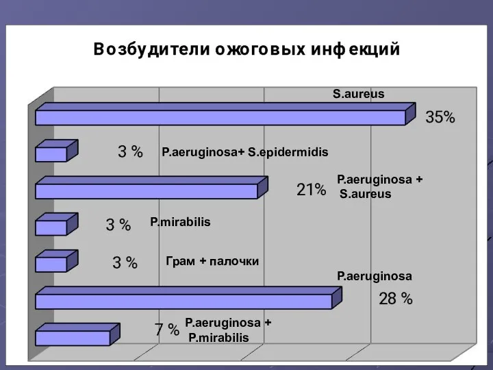 S.aureus P.aeruginosa+ S.epidermidis P.aeruginosa + S.aureus P.aeruginosa P.aeruginosa + P.mirabilis P.mirabilis Грам + палочки