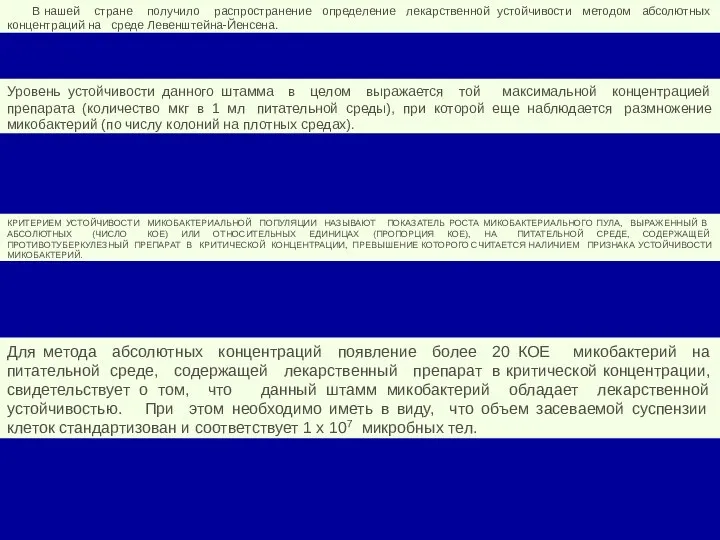 В нашей стране получило распространение определение лекарственной устойчивости методом абсолютных концентраций