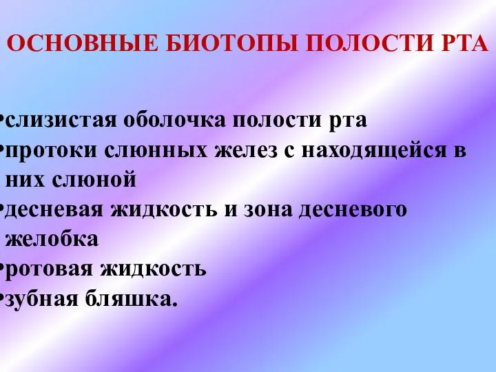 ОСНОВНЫЕ БИОТОПЫ ПОЛОСТИ РТА слизистая оболочка полости рта протоки слюнных желез