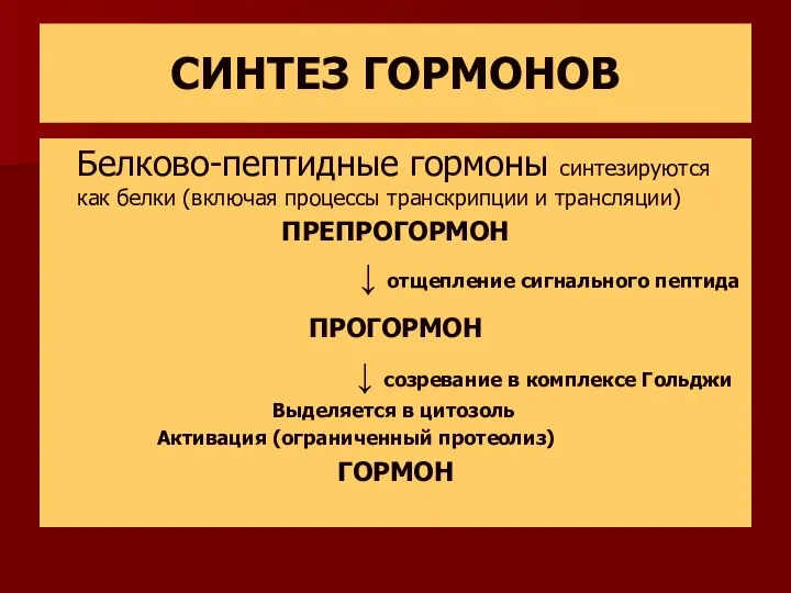 СИНТЕЗ ГОРМОНОВ Белково-пептидные гормоны синтезируются как белки (включая процессы транскрипции и