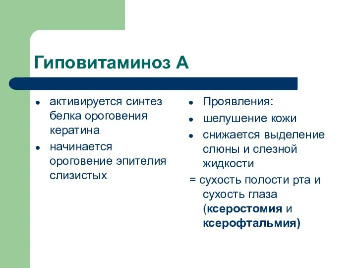 Гиповитаминоз А активируется синтез белка ороговения кератина начинается ороговение эпителия слизистых