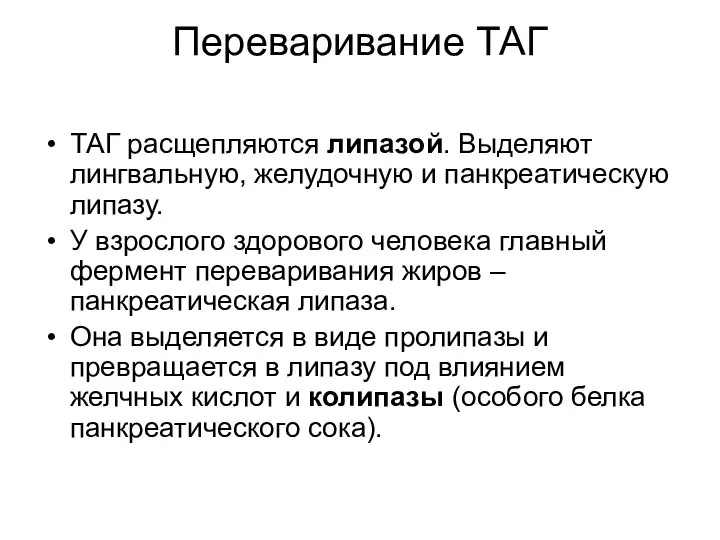 Переваривание ТАГ ТАГ расщепляются липазой. Выделяют лингвальную, желудочную и панкреатическую липазу.