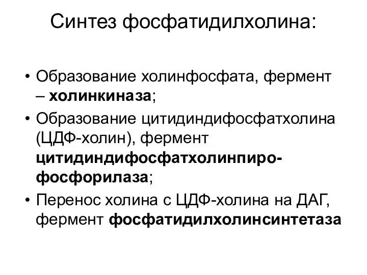 Синтез фосфатидилхолина: Образование холинфосфата, фермент – холинкиназа; Образование цитидиндифосфатхолина (ЦДФ-холин), фермент