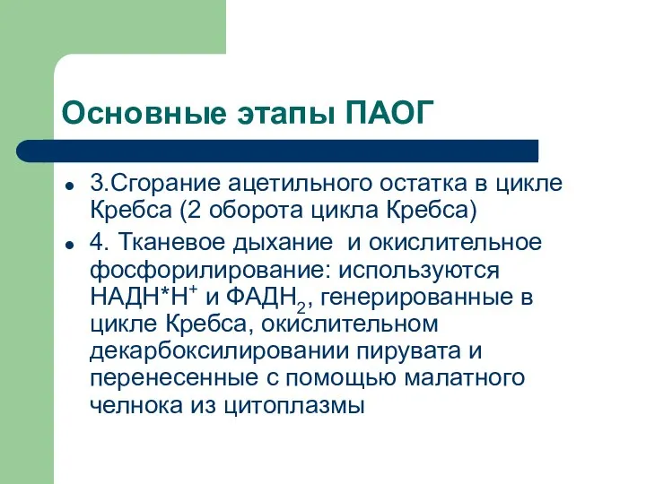 Основные этапы ПАОГ 3.Сгорание ацетильного остатка в цикле Кребса (2 оборота