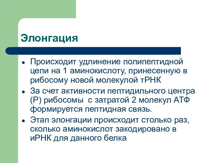 Элонгация Происходит удлинение полипептидной цепи на 1 аминокислоту, принесенную в рибосому