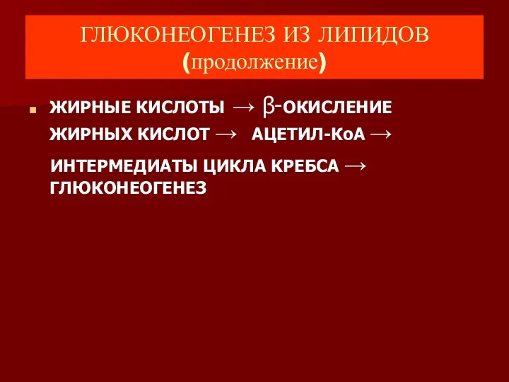 ГЛЮКОНЕОГЕНЕЗ ИЗ ЛИПИДОВ (продолжение) ЖИРНЫЕ КИСЛОТЫ → β-ОКИСЛЕНИЕ ЖИРНЫХ КИСЛОТ →