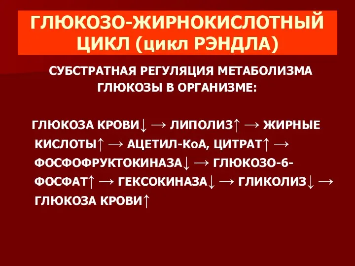 ГЛЮКОЗО-ЖИРНОКИСЛОТНЫЙ ЦИКЛ (цикл РЭНДЛА) СУБСТРАТНАЯ РЕГУЛЯЦИЯ МЕТАБОЛИЗМА ГЛЮКОЗЫ В ОРГАНИЗМЕ: ГЛЮКОЗА