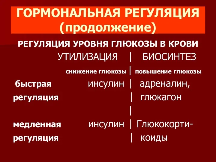 ГОРМОНАЛЬНАЯ РЕГУЛЯЦИЯ (продолжение) РЕГУЛЯЦИЯ УРОВНЯ ГЛЮКОЗЫ В КРОВИ УТИЛИЗАЦИЯ ⎮ БИОСИНТЕЗ