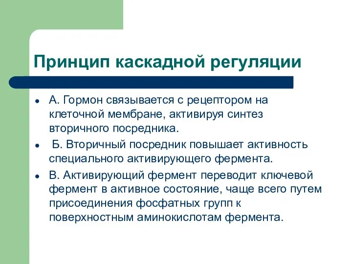 Принцип каскадной регуляции А. Гормон связывается с рецептором на клеточной мембране,