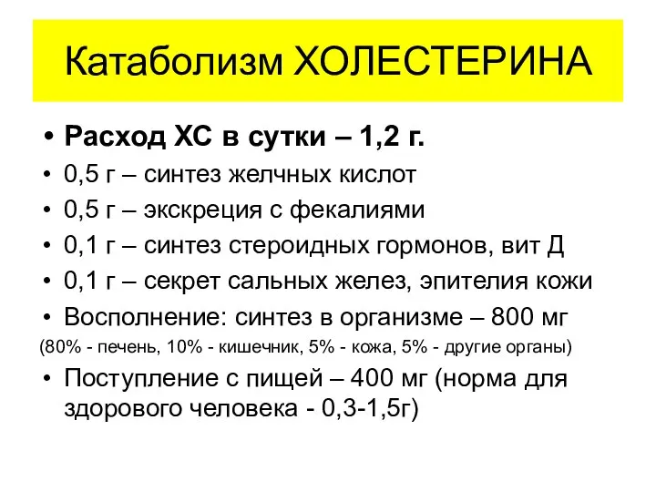 Катаболизм ХОЛЕСТЕРИНА Расход ХС в сутки – 1,2 г. 0,5 г