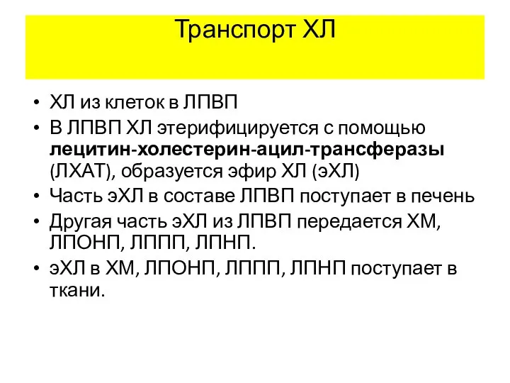 Транспорт ХЛ ХЛ из клеток в ЛПВП В ЛПВП ХЛ этерифицируется