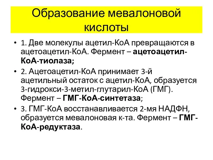 Образование мевалоновой кислоты 1. Две молекулы ацетил-КоА превращаются в ацетоацетил-КоА. Фермент