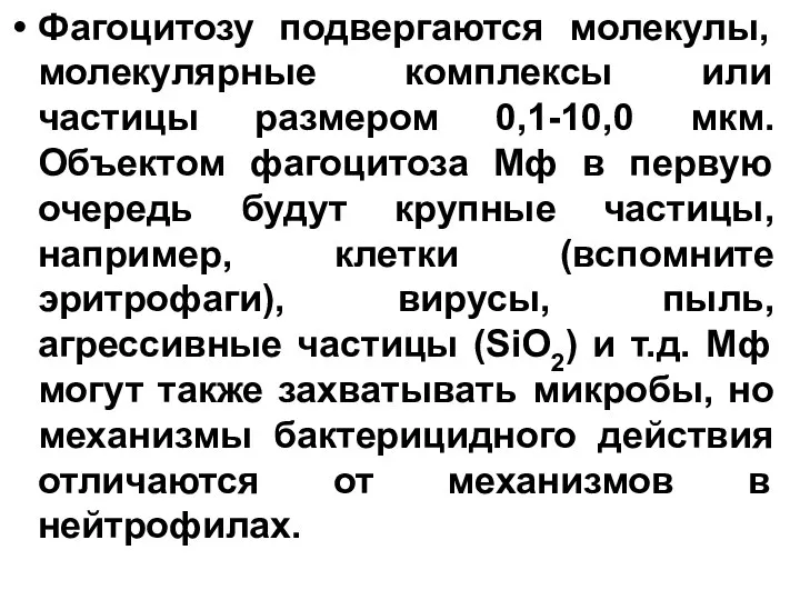 Фагоцитозу подвергаются молекулы, молекулярные комплексы или частицы размером 0,1-10,0 мкм. Объектом